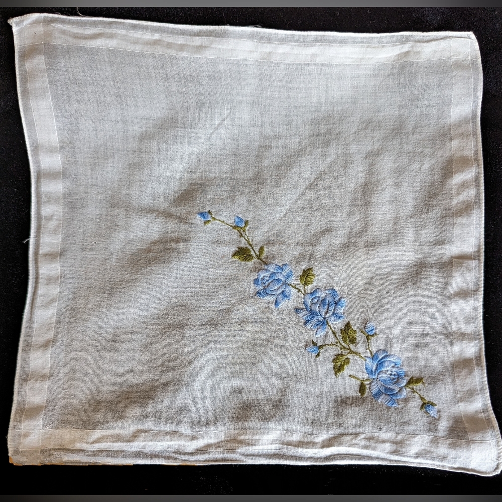 Vintage White Handkerchief with Embroidered Blue Flowers and Green Fauna